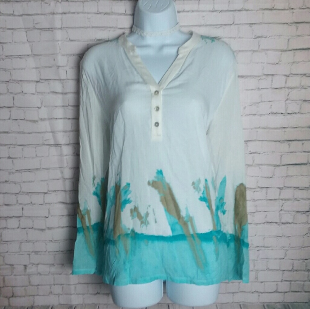 TRIBELLA watercolor teal and white boho blouse